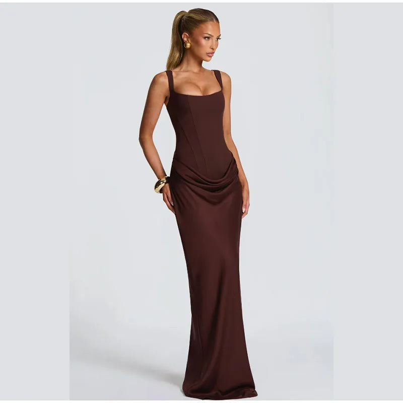 Lady Sexy Strapless Split Solid Pleated Dress Women Chic Backless High Waist Off-shoulder Dresses 2026 New Evening Party Gowns