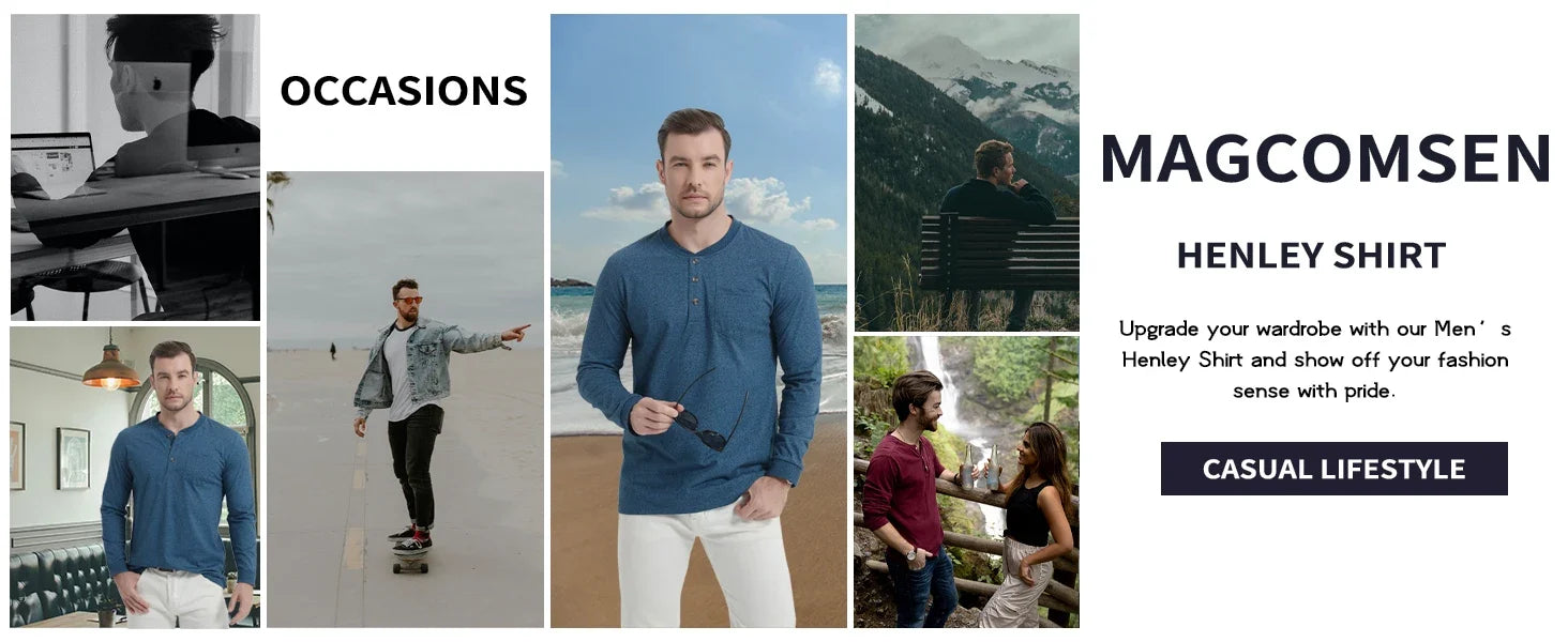 Henry Neck Long Sleeves Men's High Quality Cotton Henley Shirts Casual Button T-Shirt with Pocket Placket Fitted Tees