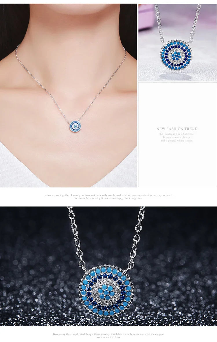 Authentic 925 Sterling Silver Blue Evil Eyes Necklace Women Lucky Pendant Necklaces Fashion Jewelry SCN099