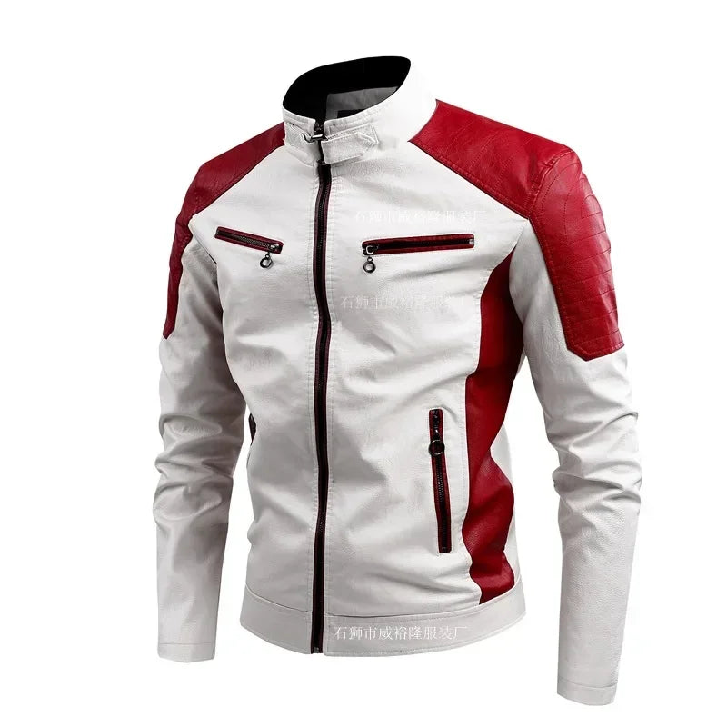 Patchwork Motorcycle Jacket Men ,Leather Jacket, Color-blocking Stand-up Collar Coats, PU Motorcycle Jacket, Motorbike Jacket