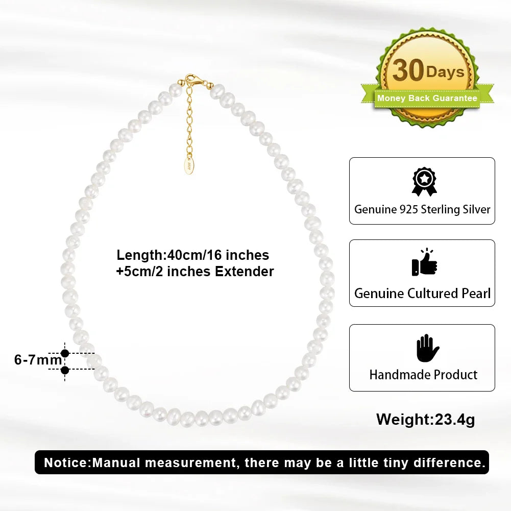 Handpicked 925 Sterling Silver Choker Necklace with 6-7mm Handmade Cultured Freashwater Pearl Chain for Women GPN25