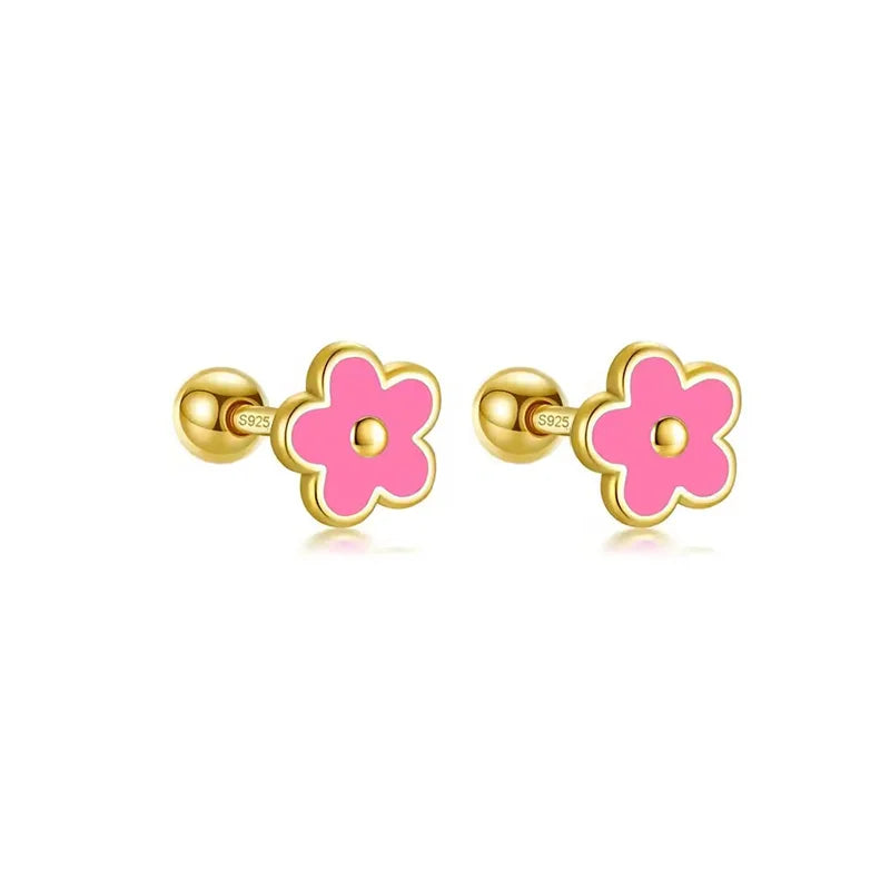925 Sterling Silver Romantic White Enamel Flower Screw Bead Stud Earrings for Women Fashion Simple Piercing Jewelry Gift