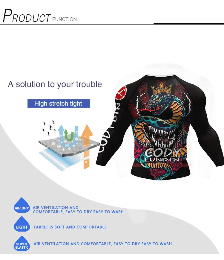 Customized Logo Cody Lundin Men Compression Sportswear Polyester Sunscreen T Shirt For Swimming Surf Jiu Jitsu BJJ Rashguard