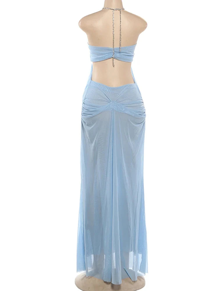 Prom Party Gown Dress Woman Sexy See Through Luxury Chain Halter Low-Neck Backless Sleeveless Midnight Elegant Vestidos