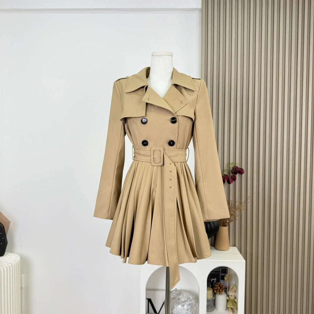 New Autumn Winter Women's Windbreaker Dress Mini Skirt Long Sleeve Empire Waistline Outerwear Female Long Coat N967