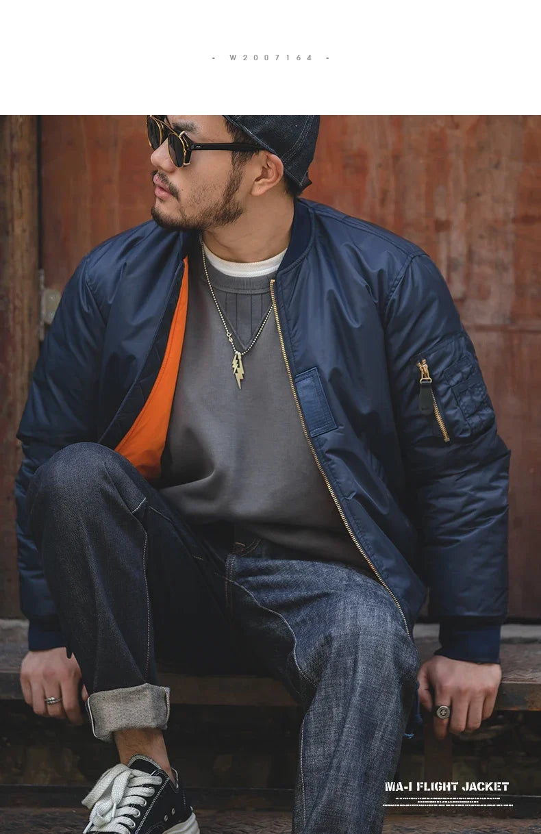 Vintage MA1 Pilot Jacket Green Thickened Cotton-padded Jacket Casual Baseball Pockets Flight Zipper Outwear for Men's Fall