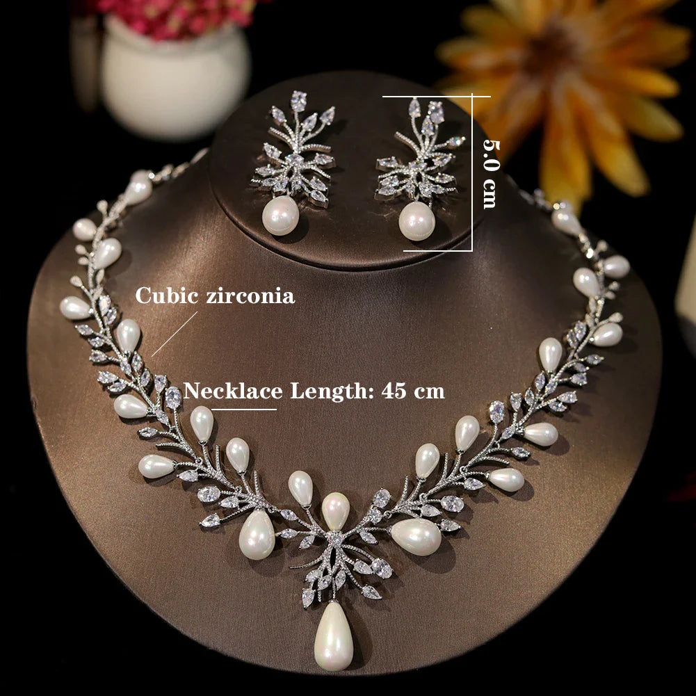 Luxury White Cubic Zirconia Big  Pearl Necklace and Earrings Wedding Bridal Party Jewelry Sets for Women Envio Gratis Todo X0470
