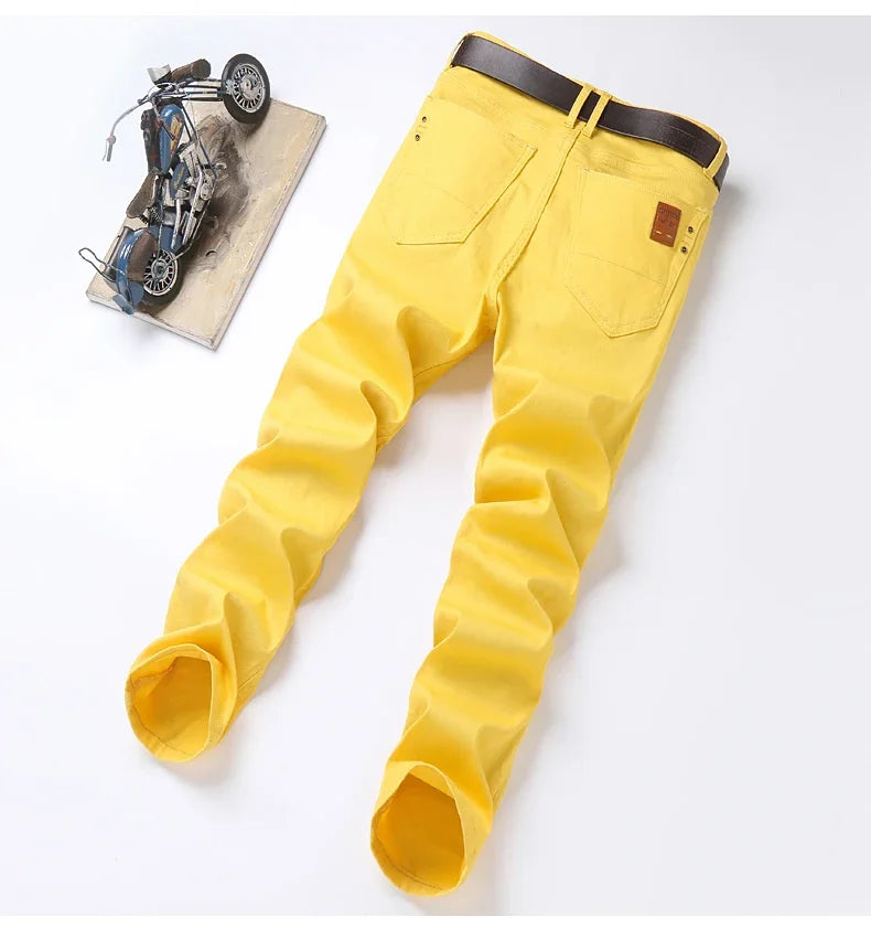 2024 Autumn New Men's Stretch Fit Jeans Bright Trendy Denim Straight-leg Trousers Male Red Lake Blue Yellow Trousers