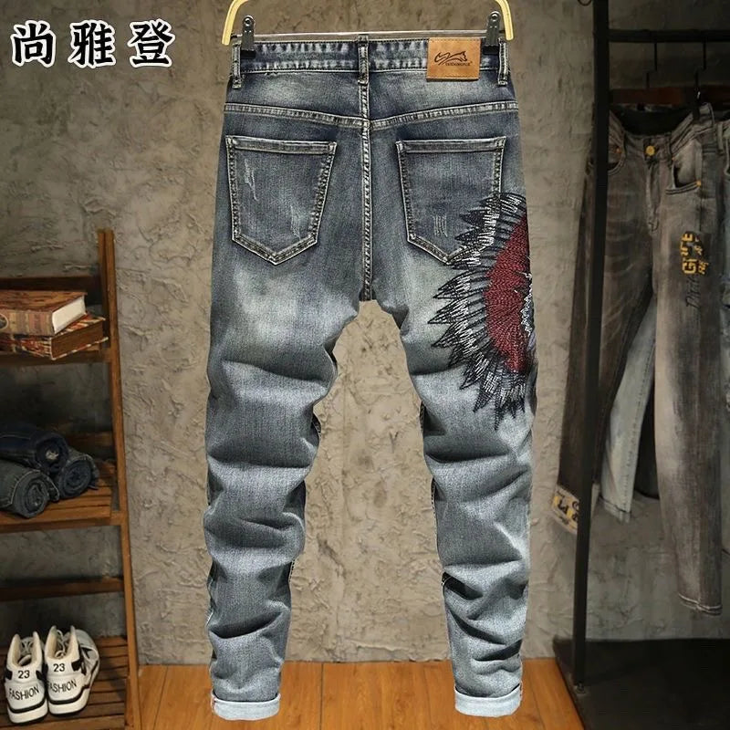 Spring and Autumn fashion trend printed straight-leg stretch denim jeans for men comfortable casual sports high-quality jeans