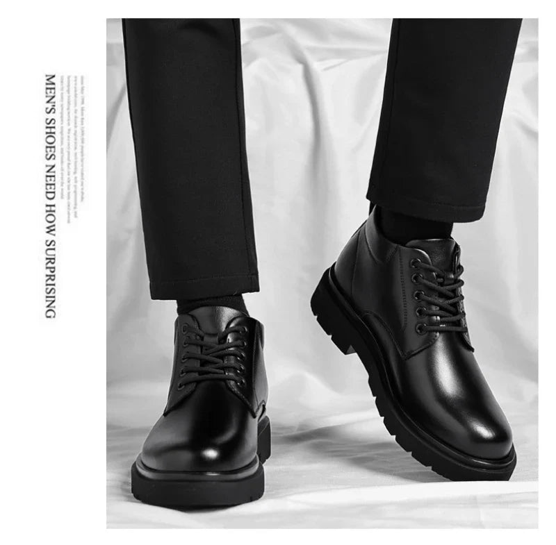 Mens Black Leather Lace Up Mid Top Boots Winter Warm Formal Business Office Wedding Shoes Black Work Boots Fashionable Dad Shoes