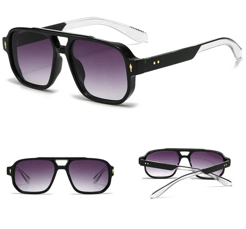 Vintage Double Bridges Men Square Sunglasses Fashion Clear Ocean Lens Eyewear Women Trending Rivets Sun Glasses UV400