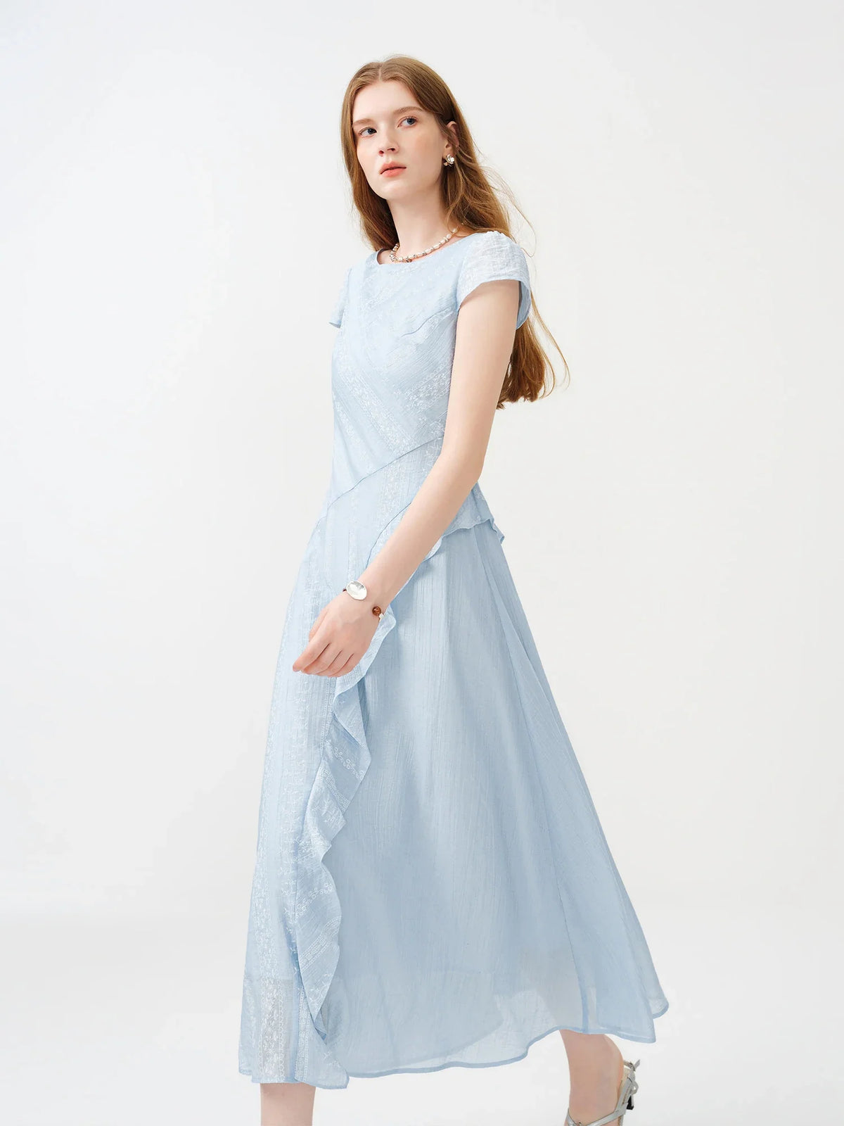 Women 2026 Summer New Arrival Soft Lyocell Dress Ruffled Waist-Cinched Bias Cut Slimming Elegant Commuter style Midi Dress