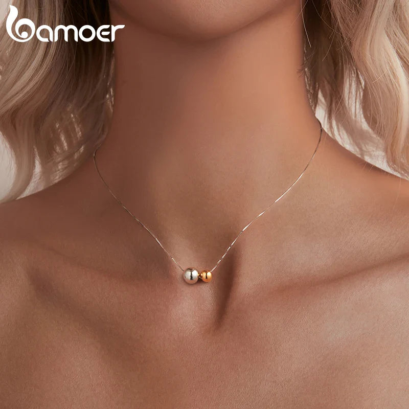 BAMOER 925 Sterling Silver Round Ball Beads Pendant Necklace Fashion Waterproof Metal Daily Gold Plated Trendy Jewelry for Women