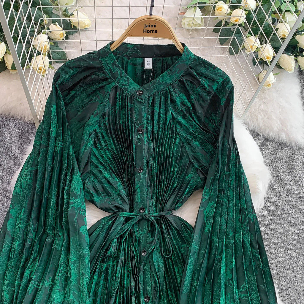 Printed round Ne Lantern Sve Dr Women's Single Button Waist Cinch Maxi Skirt Long Dr Commute Sle Autumn