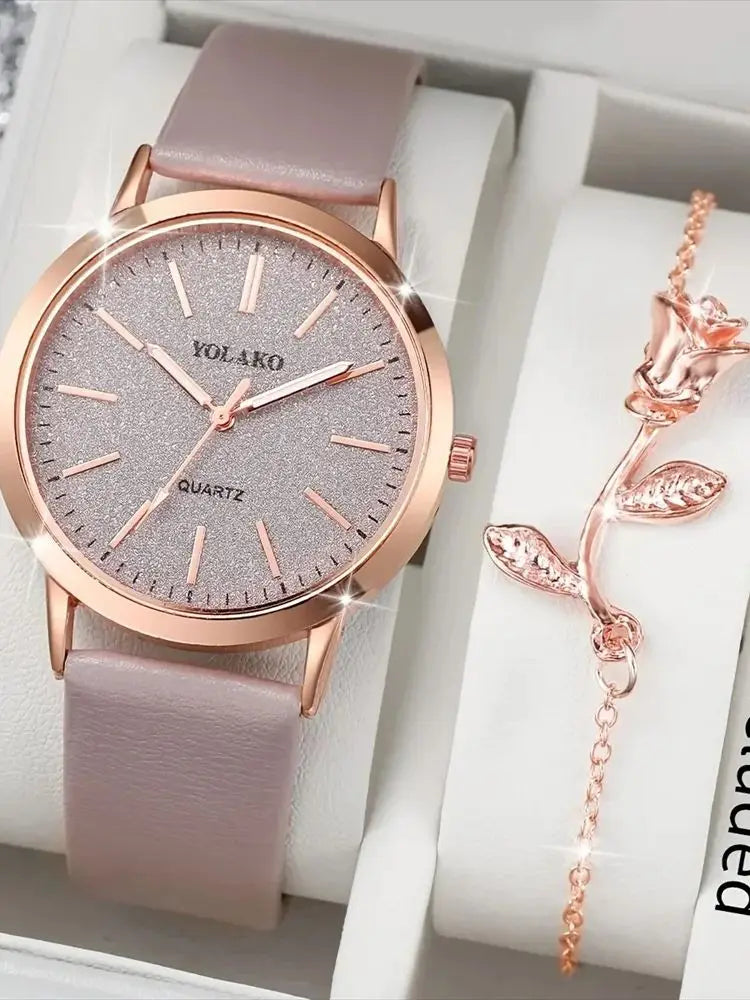 2PCS/Set Women's Watch Shiny Fashion PU Leather Analog Quartz Watches Rose Flower Bracelet