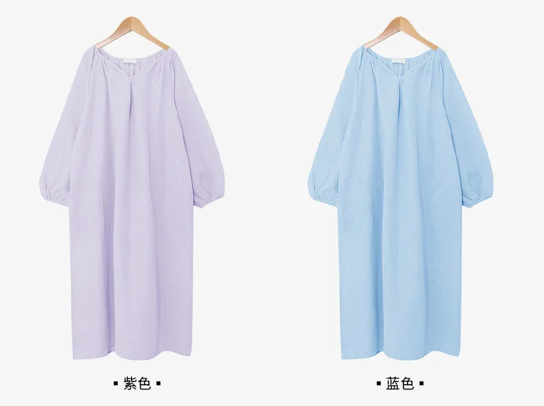 Vintage 100% Cotton Women Dress V Neck Long Sleeve Korean Jananse Pajama Dresses Ladies Comfortable Homewear Wearable Outside