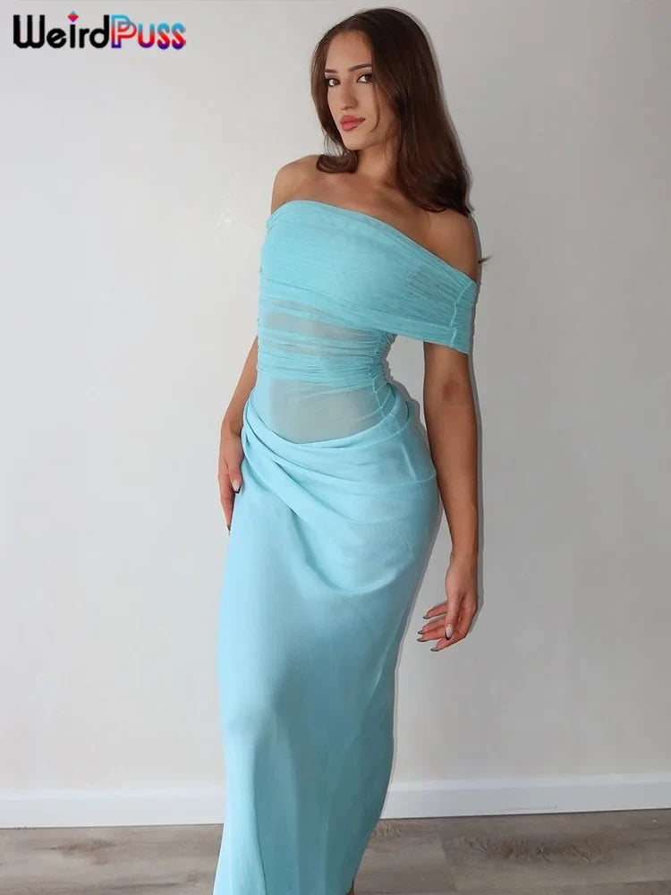 Ruched Irregular Dress Women Mesh Patchwork Slash Neck Short Sleeve Skinny Stretch Trend Elegant Long Bodycon Outfits