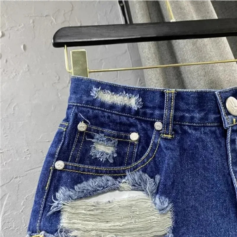 Summer Sexy Shorts Women Korean Style Zipper Frayed Irregular Broken Edge Design Vintage Denim Fashion All-match Slim Streetwear