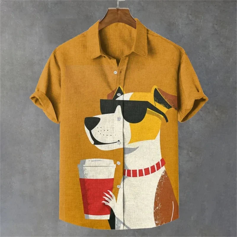 Short sleeved high-end shirt top printed street party social fashion 2024 men's shirt plus size elegant and handsome dog