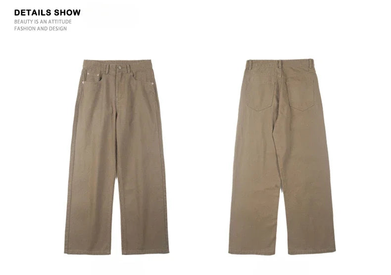 100％ Cotton Men's Baggy Straight Jeans Comfortable Soft Casual Pants Fashion Korean White Brown Denim Trousers Male Clothing