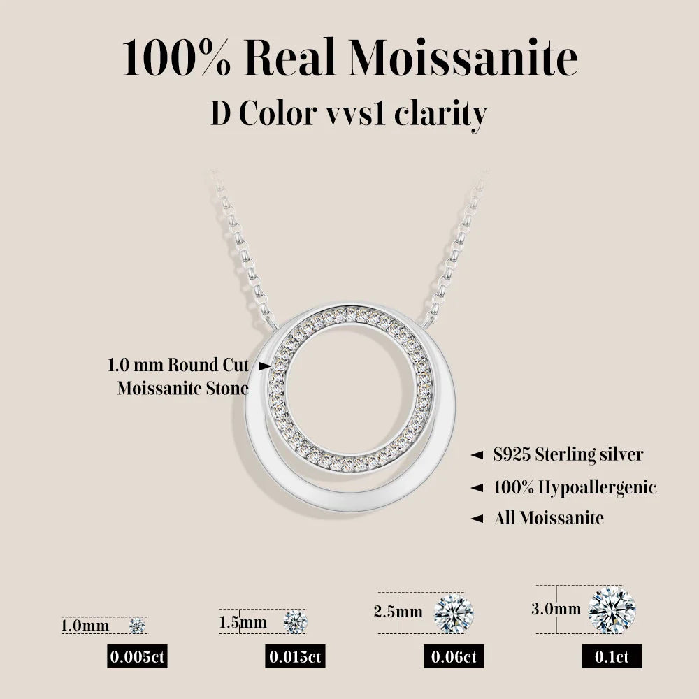 Full Moissanite Necklace DVVS1 18K Gold Plated 925 Sterling Silver Double Circle Round Pendant Women Party Fine Jewelry
