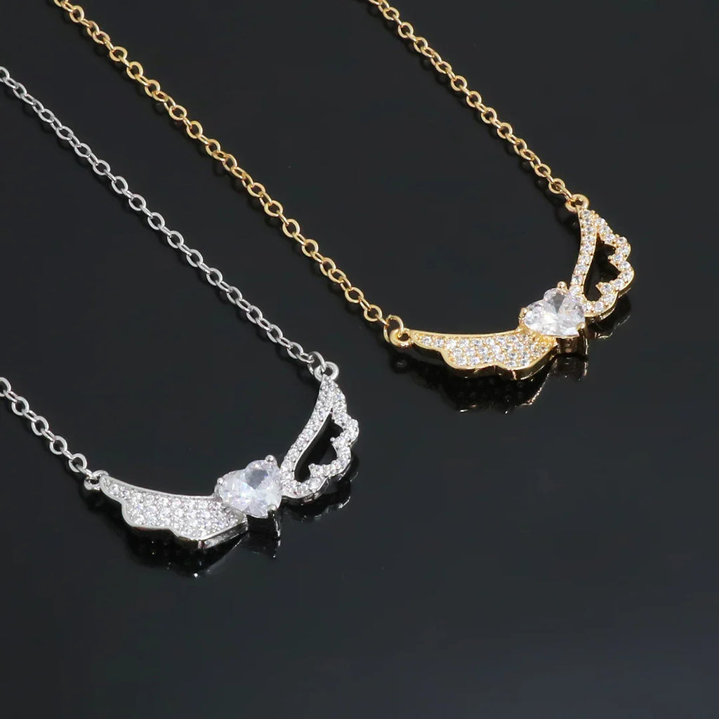 Delicate Women 24K Gold Plated Zircon Angel Wing Chain Pendant Necklace