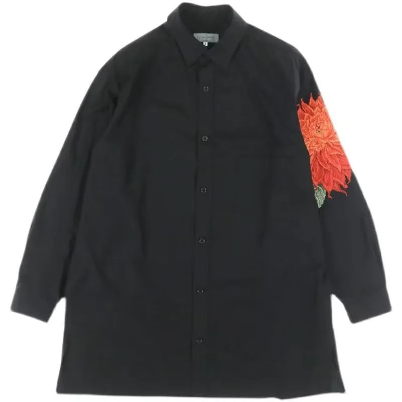 Red Flower Shirt Men Japanese Elongated Dark Embroidered Floral Top