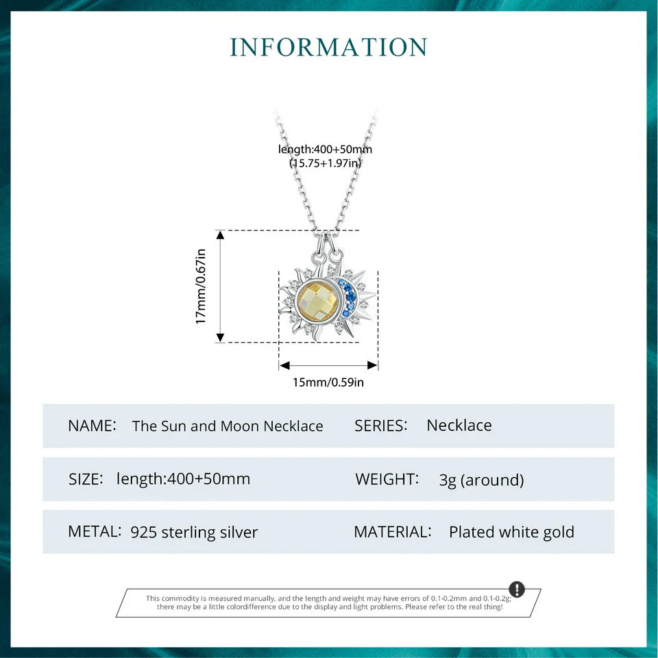 925 Sterling Silver White Gold Plated Sun and Moon Necklace Energy Pendant Neck Chain for Women Party Fine Jewelry Gift