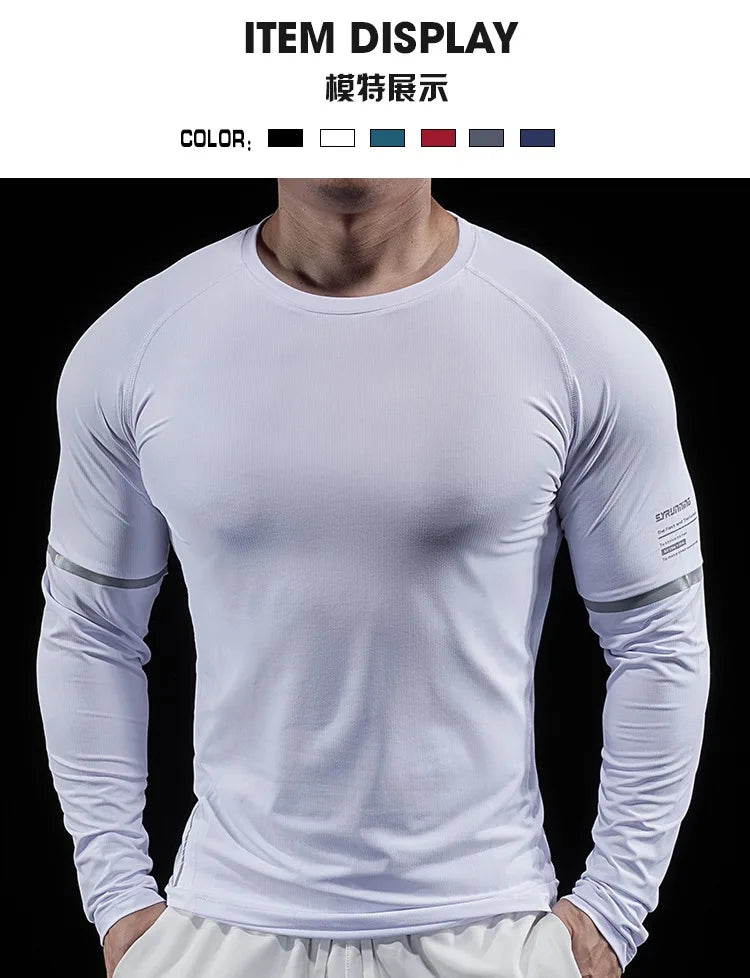 Autumn New Men's Sports Gym Fitness Clothes Reflective Strips Round Neck Training Long-sleeved T-shirt Running Slim Breathable