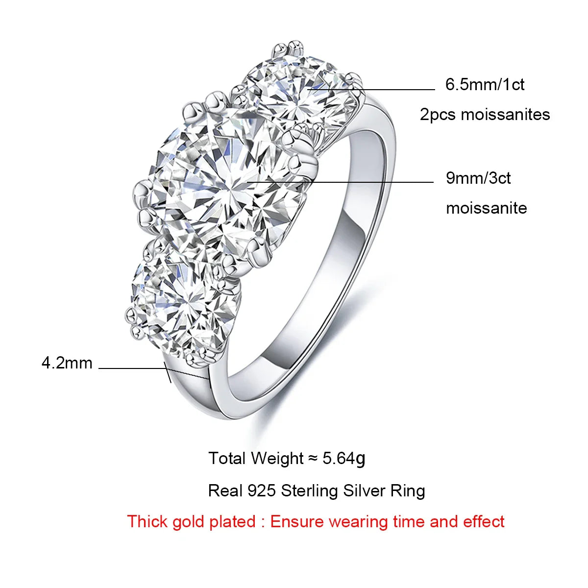 5cttw D Color Moissanite Luxury Three Stone Engagement Ring 925 Silver Rings 18K Gold Plated Customs Jewelry Wholesale