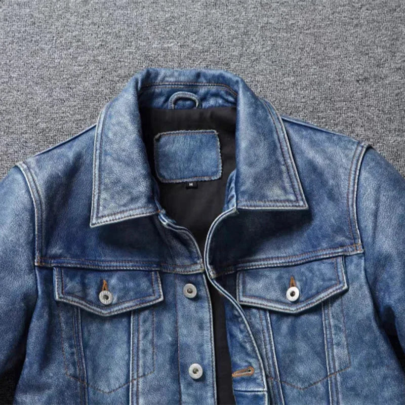 Men's Motorcycle Leather Jacket Light Blue Ami Khaki Retro Graphite Distressed Denim Genuine Leather Jacket Slim Short Jacket
