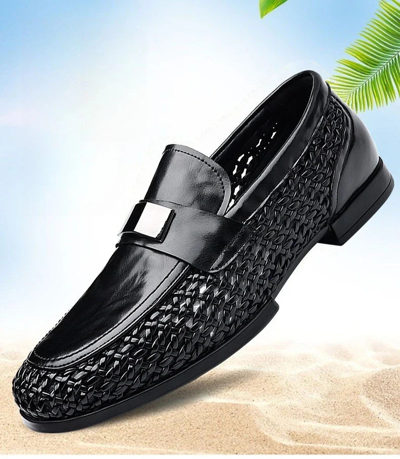 2026 Summer New Hallow Leather Shoes for Man Black Woven Breathable Elegant Shoes Man Fashion Business Loafers Male