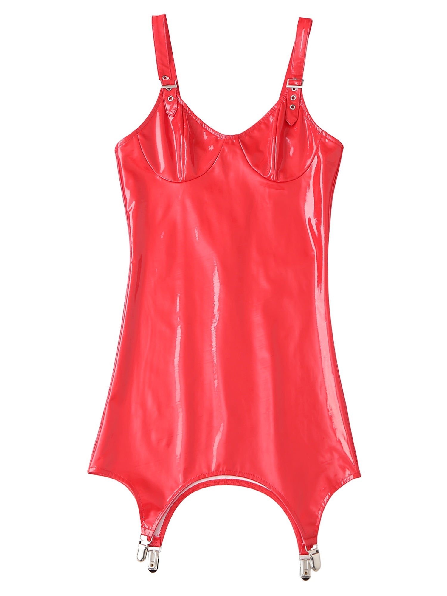 Womens Shiny Metallic PVC Leather V-Neck Mini Dress Chemise Wet Look Night Club Bodycon Babydoll Clubwear with Garter Belt