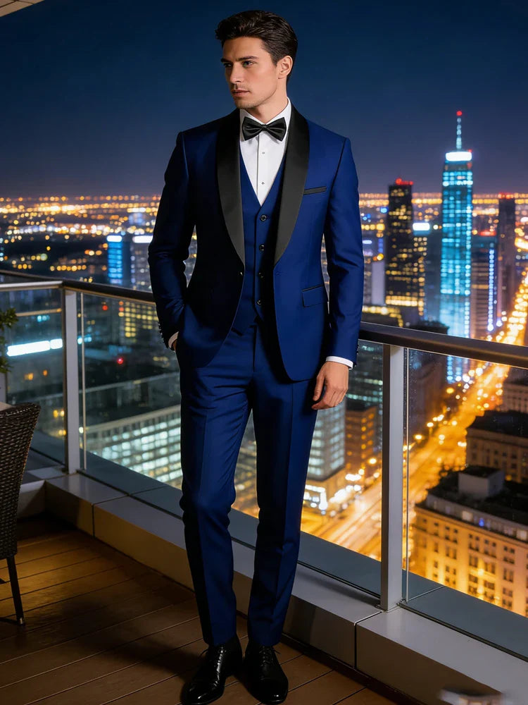Men's 3 Piece Tuxedo Suit Set One Button Satin Shawl Lapel Slim Fit Blazer Vest Pants For Formal Business Wedding Groom