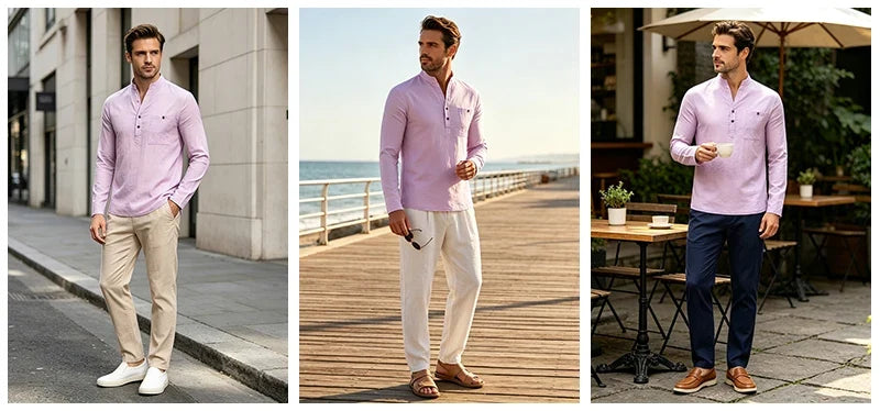 Men Mandarin Collar Long Sleeve Henley Cotton Linen Shirt With Chest Pocket Breathable Lightweight Beach Travel Daily Casual Top