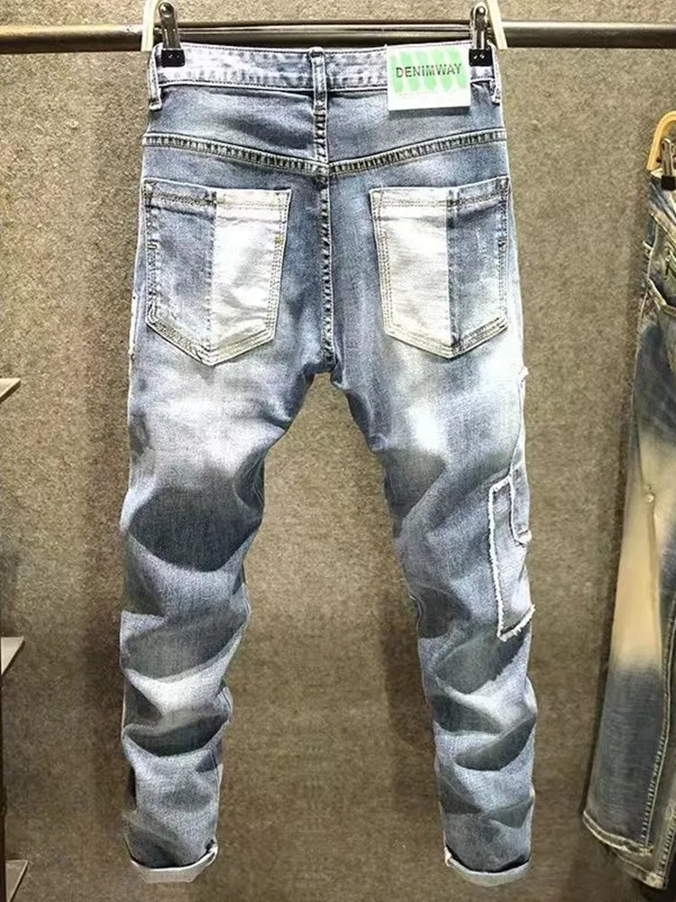 Spring and Autumn New Fashion Trend Print Retro Straight Leg Sports Denim Pants Men's Casual Slim Breathable High-Quality Jeans