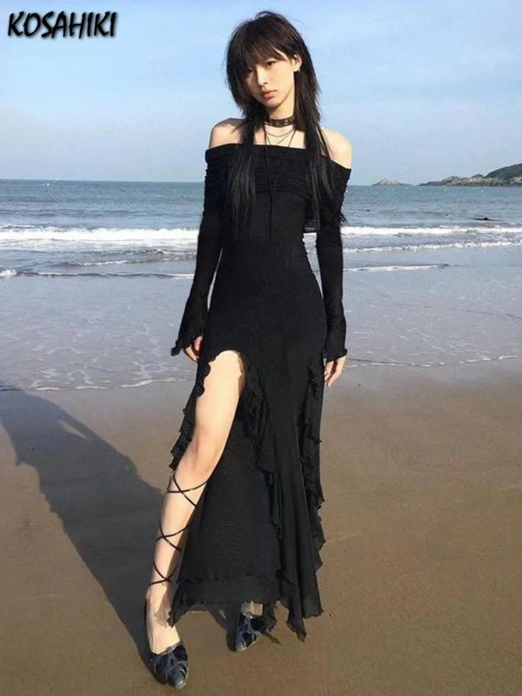 فساتين نسائية غير منتظمة بتصميم عتيق من الستريت وير باللون الأسود
