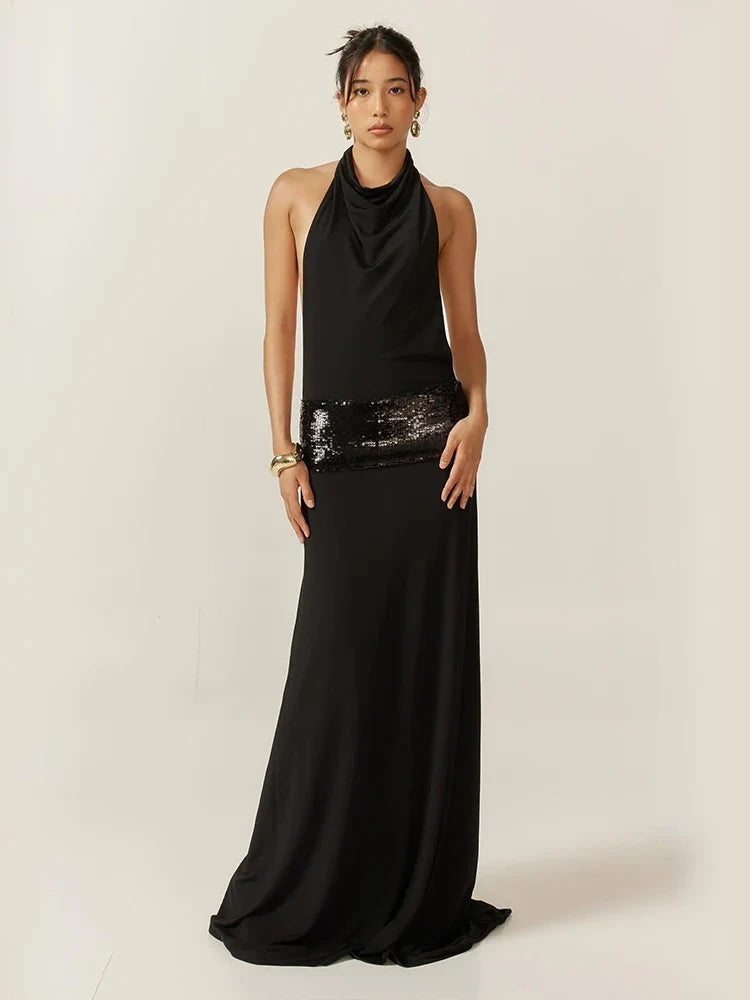 Backless Fashion Dresses Elegant Halter Patchwork Draped Maxi Bodycon Female Solid Simple Evening Party Frock New