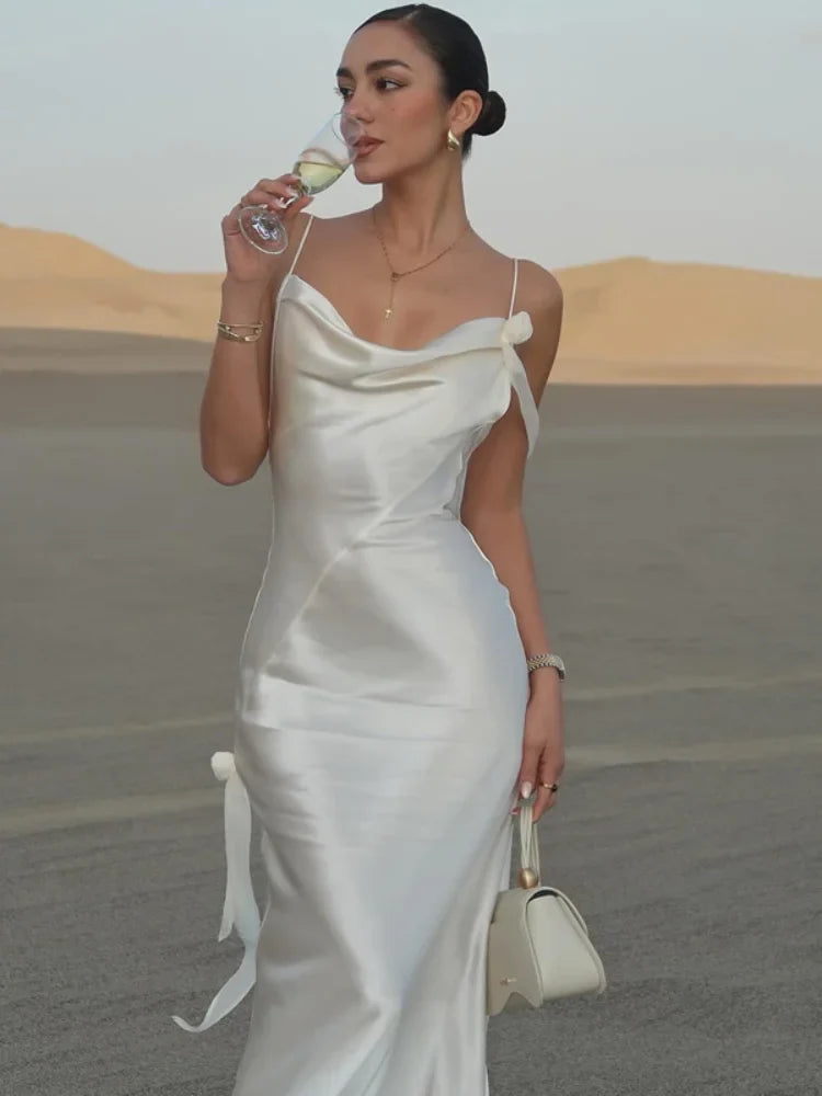 Elegant 3d Flowers Backless Dress Women Bodycon Swing Collar Sleeveless White Sling Maxi Robe 2025 Summer Lady Evevning Vestidos