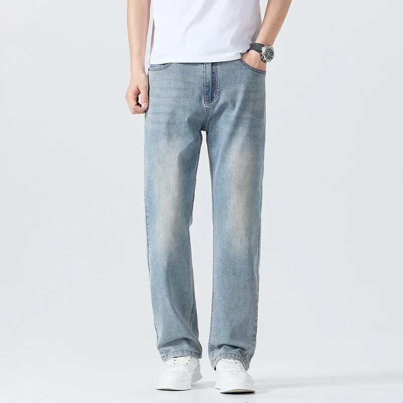 Summer Thin Straight Jeans Men's Clothing Soft Breathable Trousers Male Brand Comfortable Business Loose Denim Pants