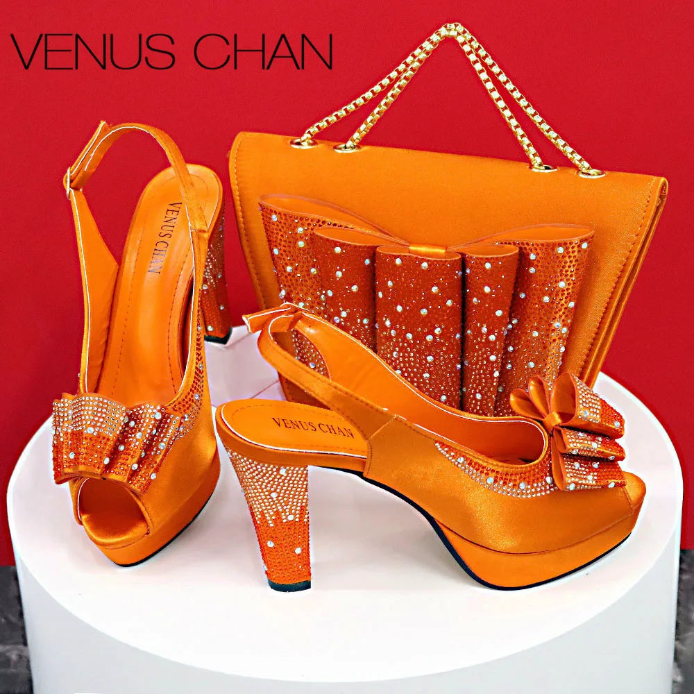 High Quality Yellow Color Fish Beaked Toe Cap Thin Heels Ladies Shoes Matching Bag