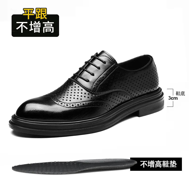 Spring Summer Hallow Leather Shoes for Men 3 6 8cm Increase Fashion Dress Shoes Male Black Business Casual Shoes Man