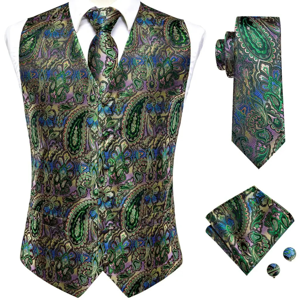 Fashion Silk Vest For Men Classic Gold Champane Yellow Waistcoat Jacket Tie Hankerchief Cufflinks Sets Dress Suit Wedding Hi-Tie