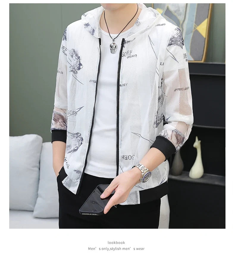 Men's Summer Mesh Sun Protection Clothing Trendy Stripe Print Ice Silk Cool Feeling Breathable Quick Dry Hooded Jacket