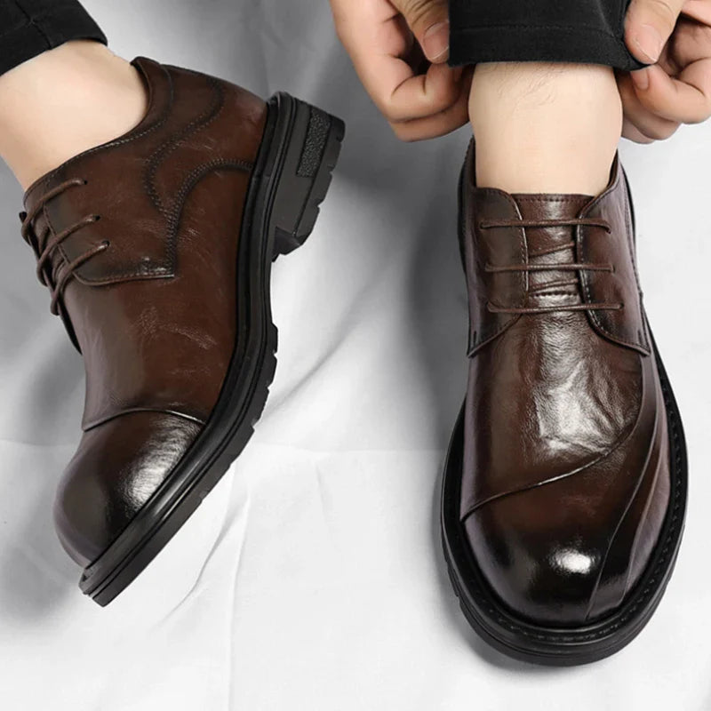 Brown Burnished Genuine Leather Lace Up Chunky Sole Formal Business Office Groom Wedding Daily Wear Shoes Fashion Comfortable