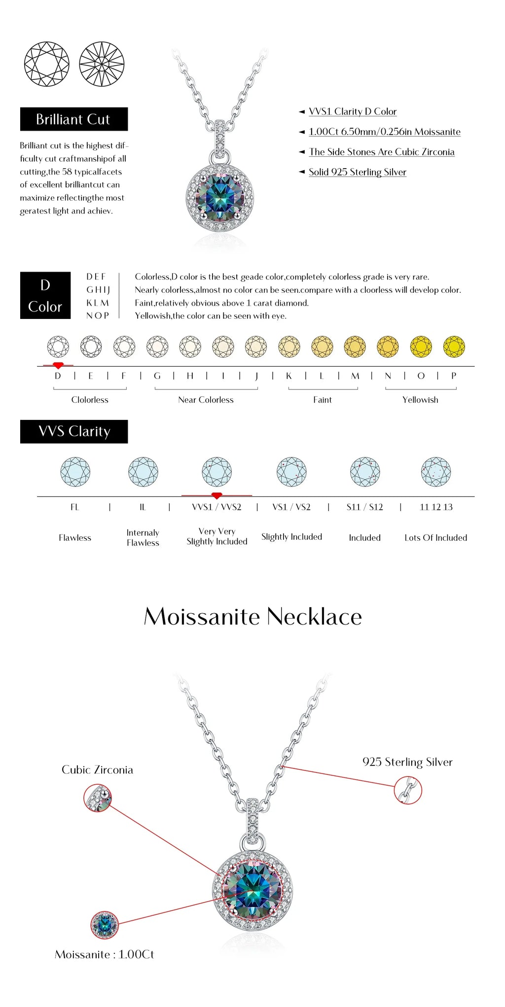 1CT Multicolor Round Moissanite Necklaces 925 Sterling Silver Luxury Classic Pendant Necklace For Women Fine Jewelry