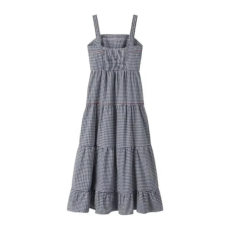 Plaid Slip Long Dress Woman Embroidery Ruffle Summer Dresses 2025 Sleeveless Beach Holiday Dress Women Casual Midi Dresses