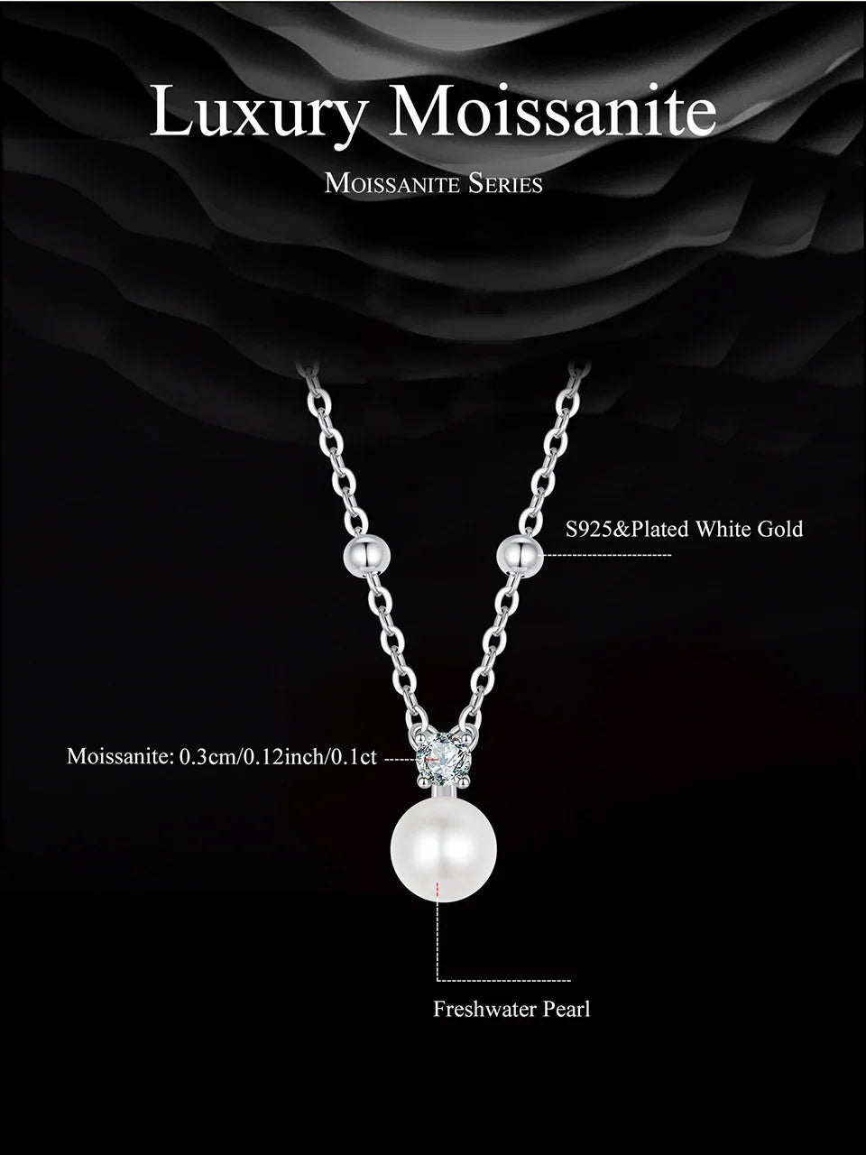 Shiny Moissanite Pearl Pendant Necklace For Women Wedding Party 925 Sterling Silver with White Gold Plating Jewelry