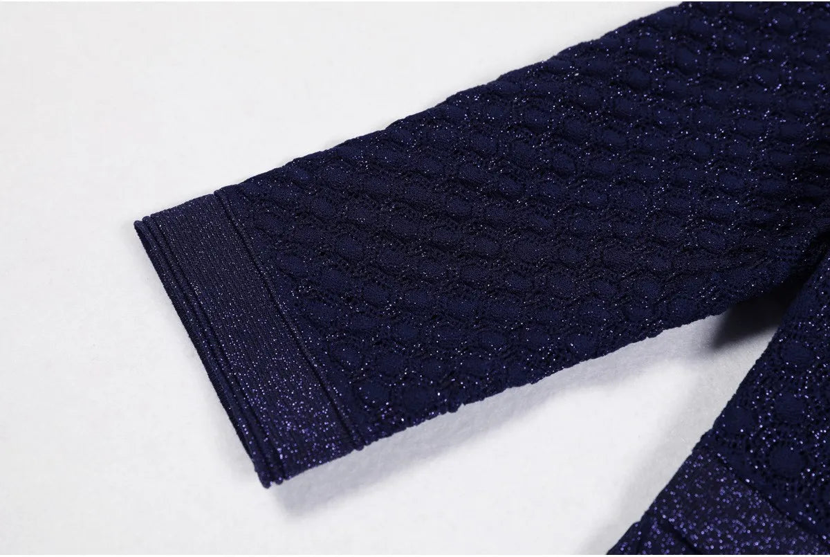 High Quality Fashionable Elastic Bright Silk Knitted Round Neck 7-inch Sleeve Single Row Button Lace Slim Fit Women's Dress