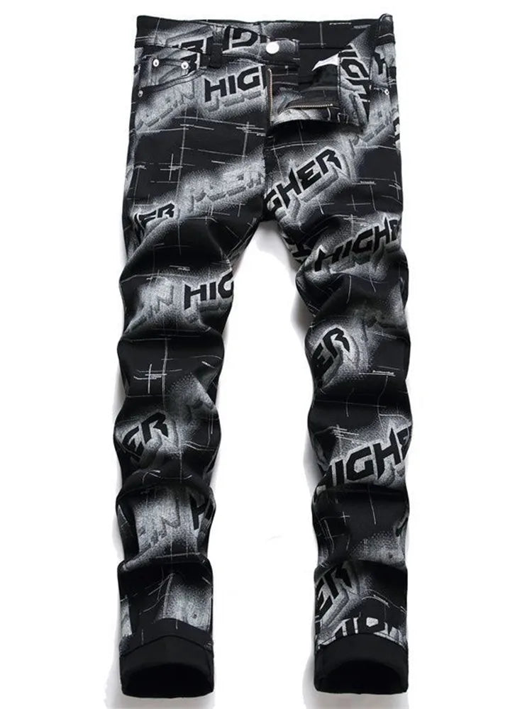 Spring and Autumn Fashion Trend Printed Straight-Leg Stretch Denim Jeans For Men Comfortable Casual Sports High-Quality Jeans